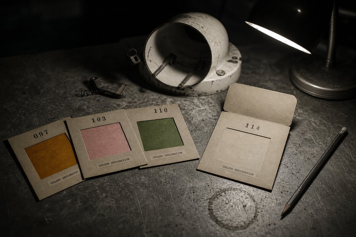 Four card sleeves on a steel bench holding squares of theatrical lighting gel, three still full and the fourth, stamped 114, empty.