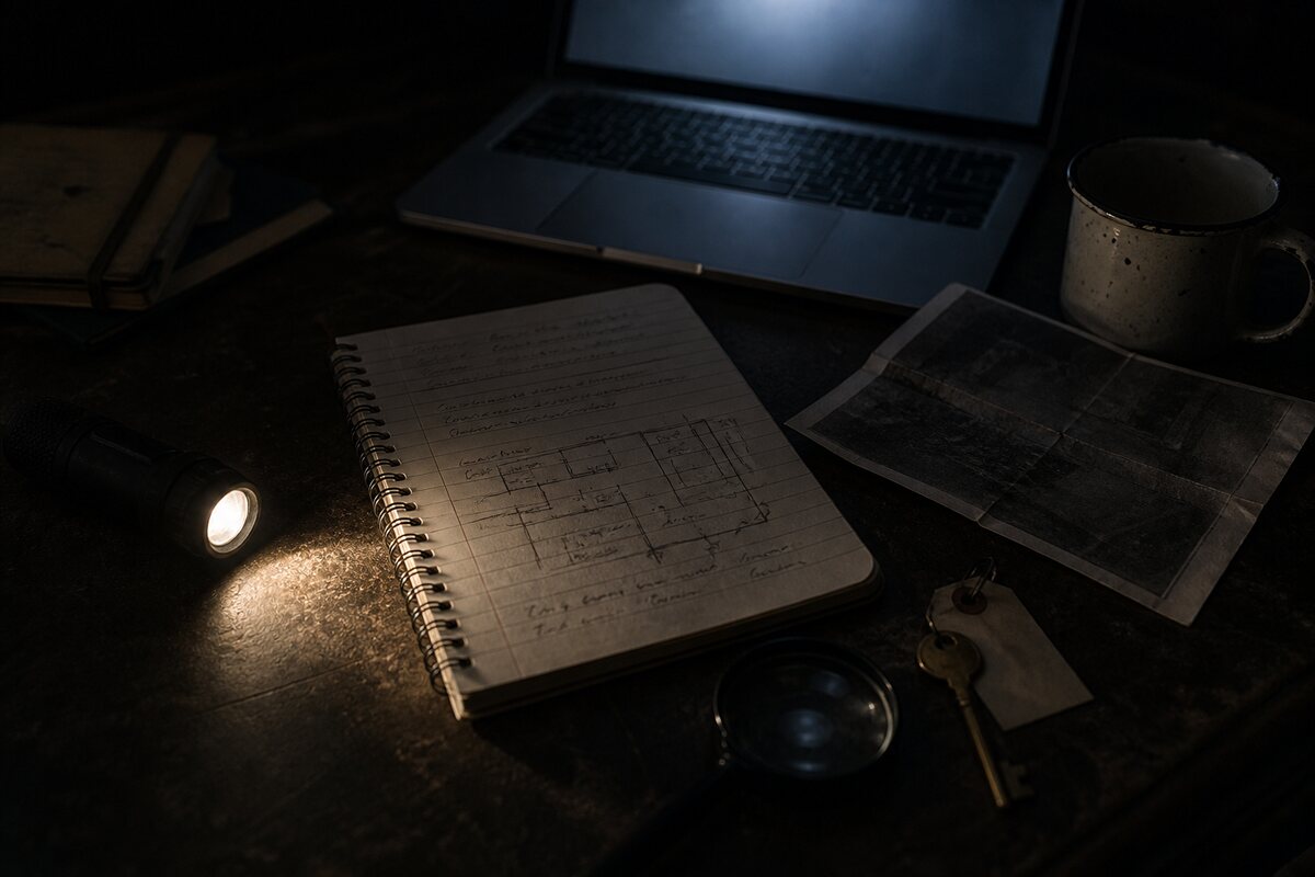 A dark desk with a torch, an open notebook of handwritten notes and a sketched floor plan, a loupe and a key on a tag.