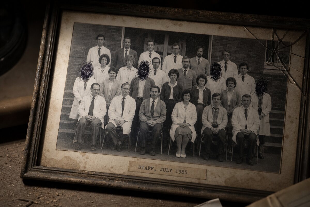 A framed 1985 institutional staff photograph with cracked glass, four of the faces scored out with a ballpoint pen.