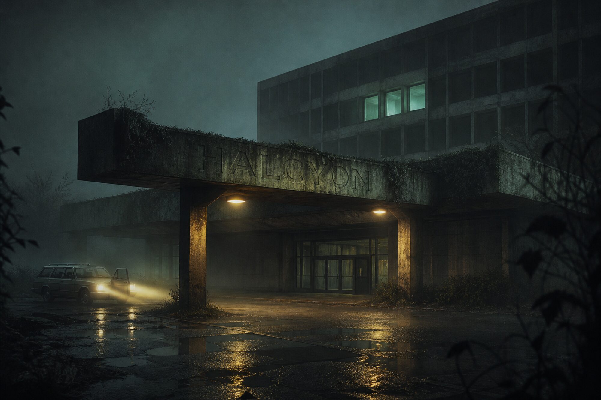 A low concrete research building at night behind a chain-link fence, rain falling through a security light, one window lit on the ground floor.