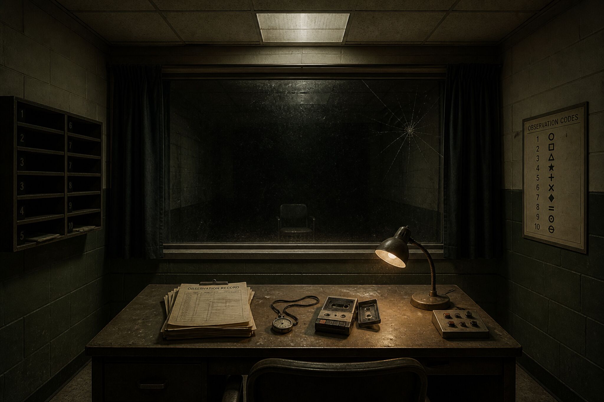 An abandoned observation room with a one-way mirror, a desk and a chair turned to face away from the glass.