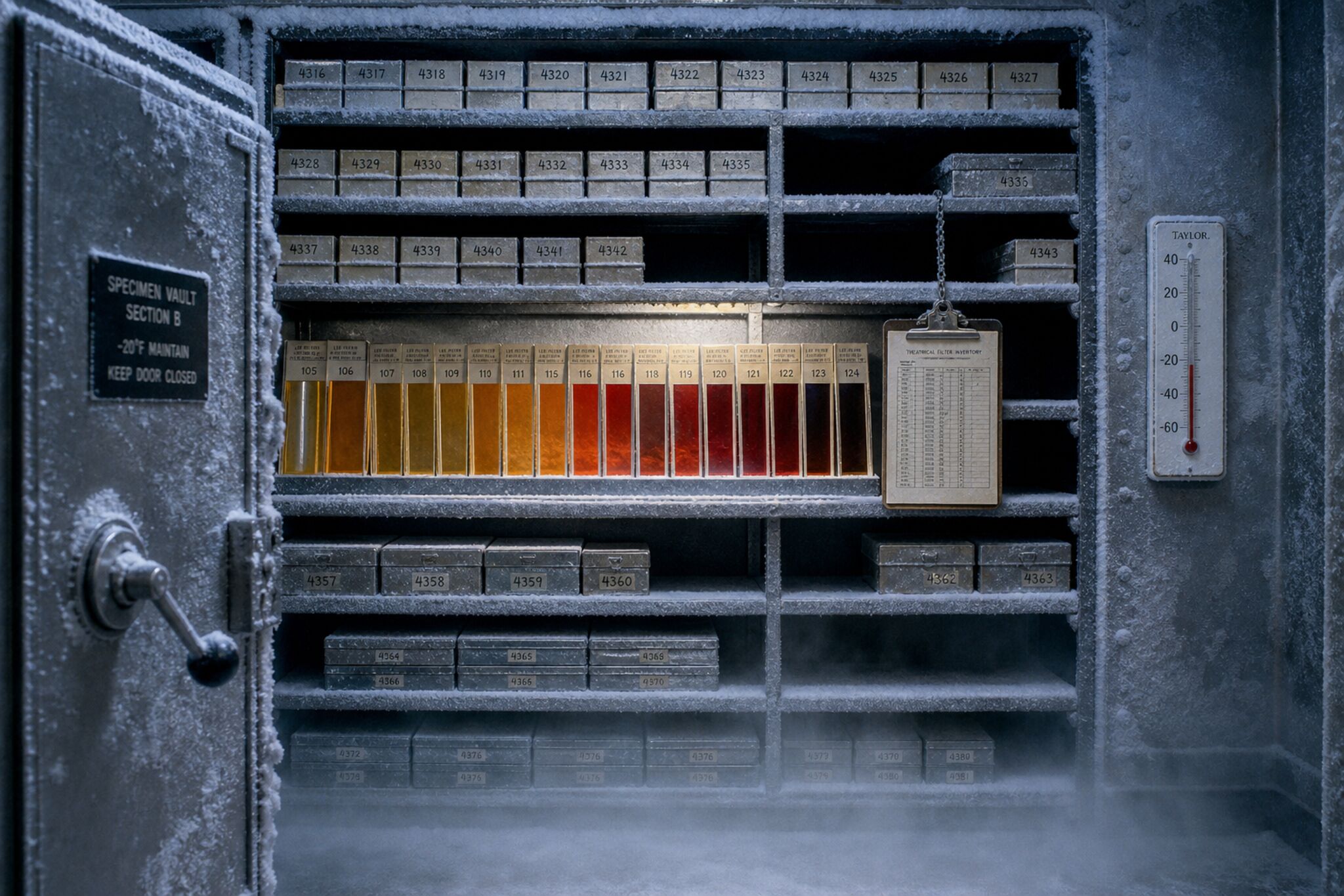 The cold sample vault of an abandoned facility, shelves of numbered card sleeves behind a heavy door.