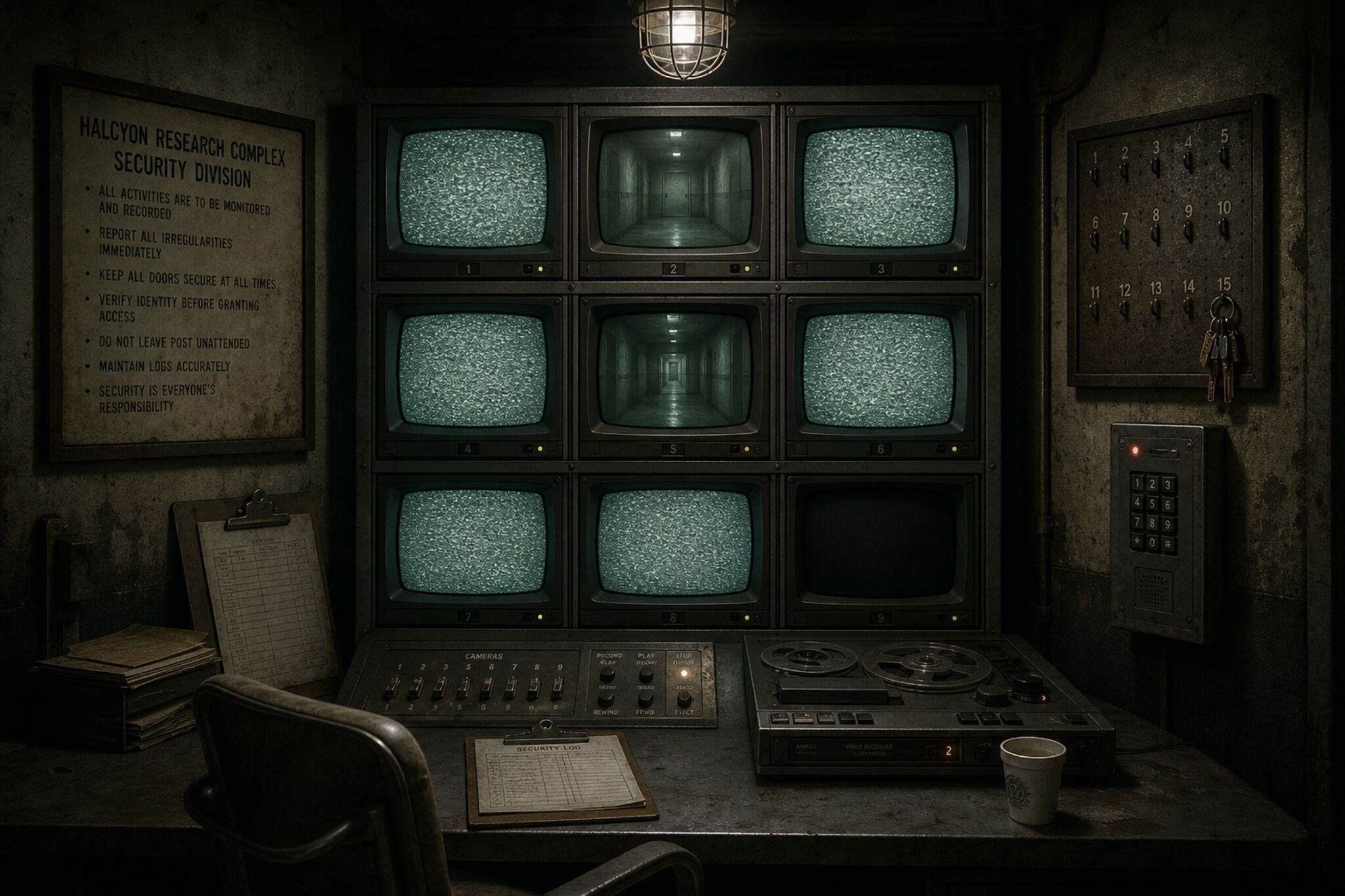 An abandoned security office with a rack of dead monitors, a tape machine and a clipboard on the desk.